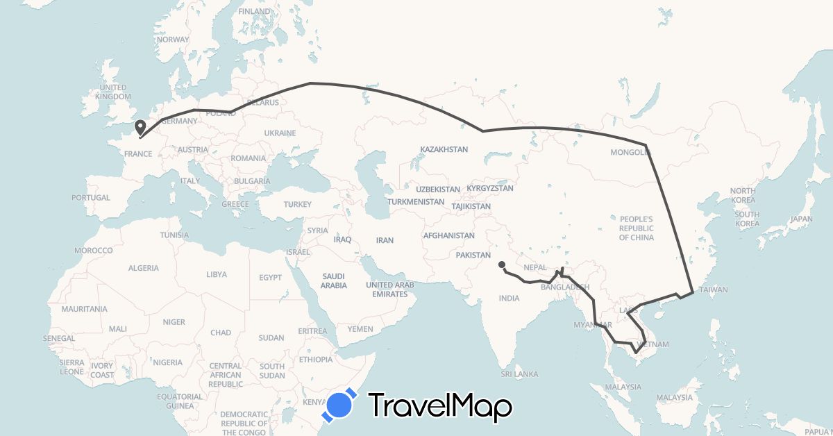 TravelMap itinerary: driving, motorbike in Bhutan, Belarus, China, Germany, France, Hong Kong, India, Cambodia, Kazakhstan, Laos, Myanmar (Burma), Mongolia, Poland, Russia, Thailand, Vietnam (Asia, Europe)